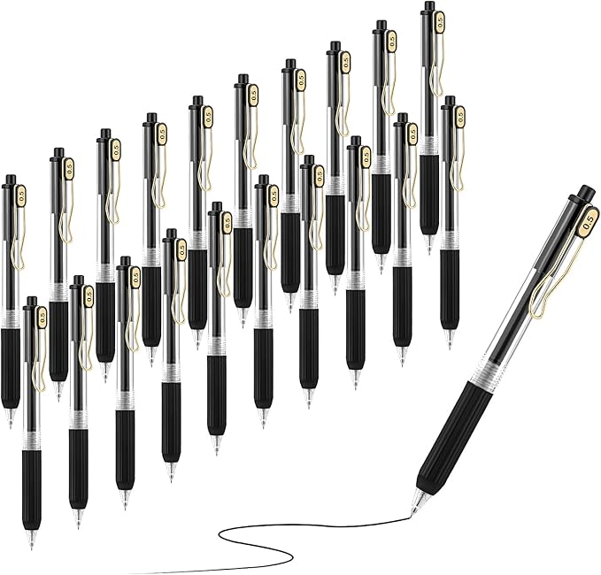 Aozora 20 Pack Black Gel Pens Fine Point Smooth Writing Pens Retractable Black Ink Pen with Soft Grip 0.5mm Quick Dry Office School Supplies Gold Clip