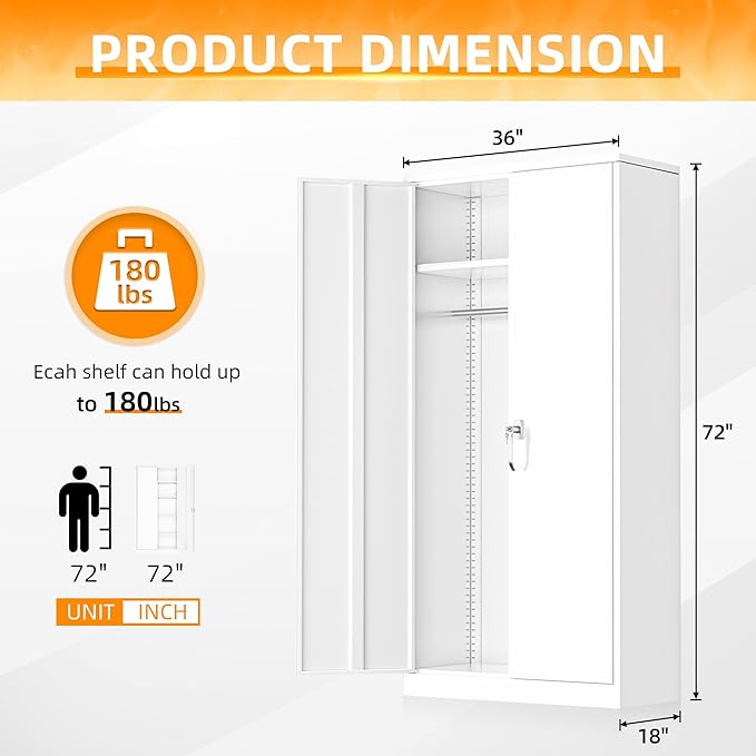 INTERGREAT Metal Storage Cabinet with Lock,White Armoire Wardrobe Closet with Lockable Doors,72" H Storage Closet Cabinets for Home,School,Office,Bedroom