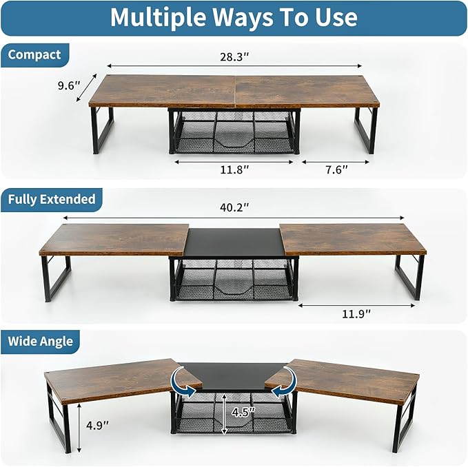 Dual Monitor Stand Riser, Desk Organizer with Drawer, Desk Organizers and Accessories, Workspace Organization Computer Monitor Stand for Laptop, Printer, TV, Office Supplies, Rustic Brown
