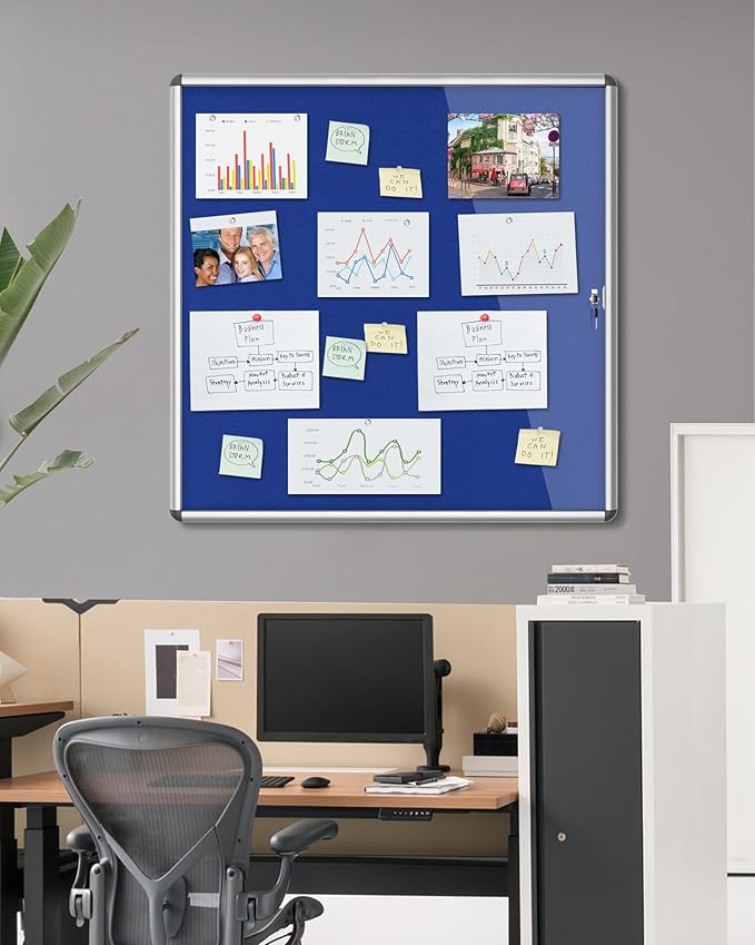 38"x38" Enclosed Bulletin Board, Lockable Weather-Resistant Aluminum Cork Noticeboard for School & Office, Silver Frame w/Blue Flet