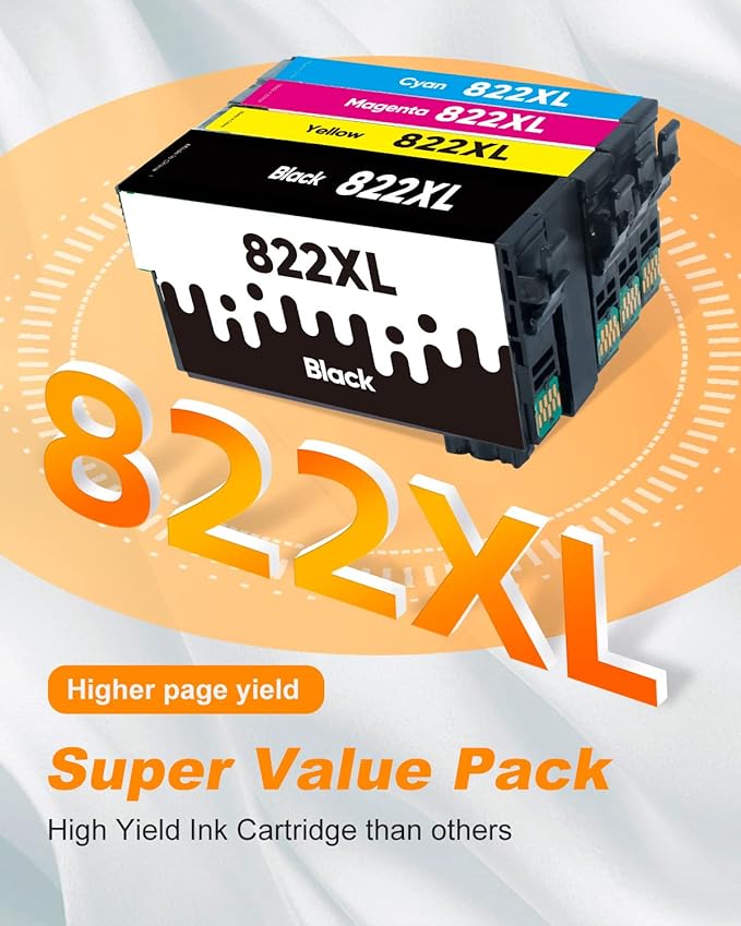 822XL Ink Cartridges Remanufactured Replacement for Epson 822XL Ink Cartridges for Epson 822 822 XL T822 for Epson WF-3820 Printer Workforce Pro WF-4820 WF-4830 WF-4833 WF-3823 Printer(5 Pack, 822XL)