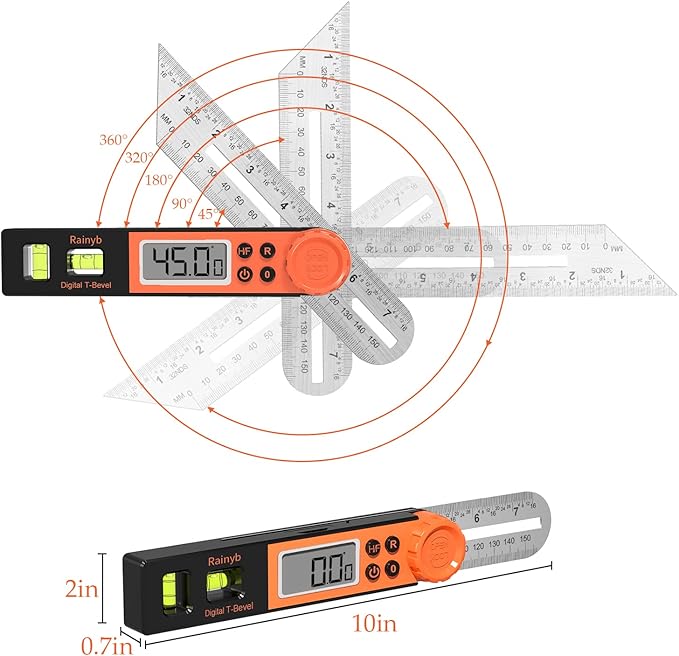 Digital Angle Finder Protractor 0-360 Degree T-Bevel Gauge & Protractor with Horizontal Vertical Bubble & Full LCD Display for Woodworking, Metalworking, Construction