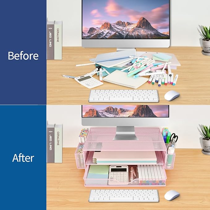 AUPSEN Computer Monitor Stands Riser,2-Tier Desk Organizers and Accessories, Office Desk Accessories Organizer with Drawers and 2 Pen Holder for Office Supplies (Pink)