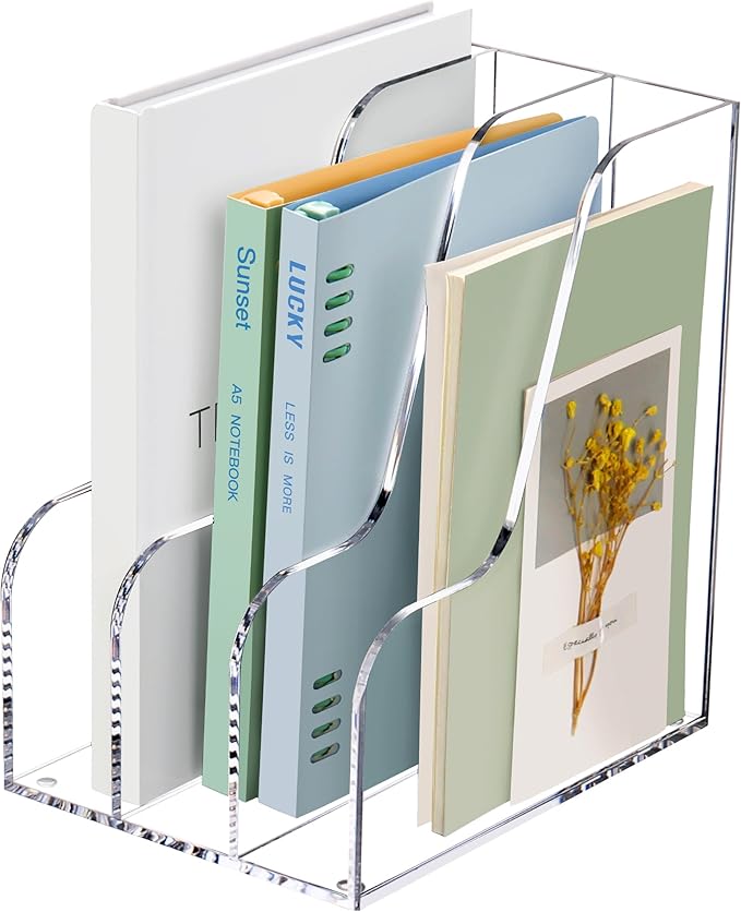 SANRUI Acrylic Magazine File Holder for Desk Organizers, Clear 3 Vertical Compartments A4 Folder Binder Holders Sorter, Desktop Workspace Organization Storage Racks for Office Home School