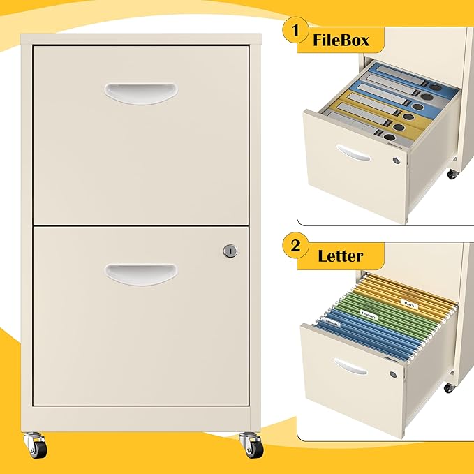 2 Drawer File Cabinet with Lock,Cream Rolling File Cabinet for Home Office, Metal Small Mobile Filing Cabinets on Wheels for Hanging Letter