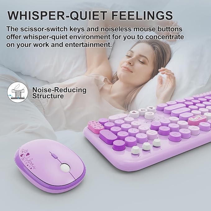 Wireless Keyboard and Mouse Set, 104 Round Keys Full-Size Cute Colorful Keyboard and Mouse with Retro Typewriter for PC/Mac/Laptop/Tablet/Computer/Windows Purple