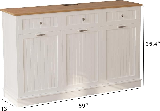 30 Gallon Tilt Out Trash Cabinet, Wooden Kitchen Trash Can Cabinet with Hideaway Drawer, Freestanding Laundry Hamper Garbage Recycling Cabinet on Wheels, Pet Proof, Triple, White