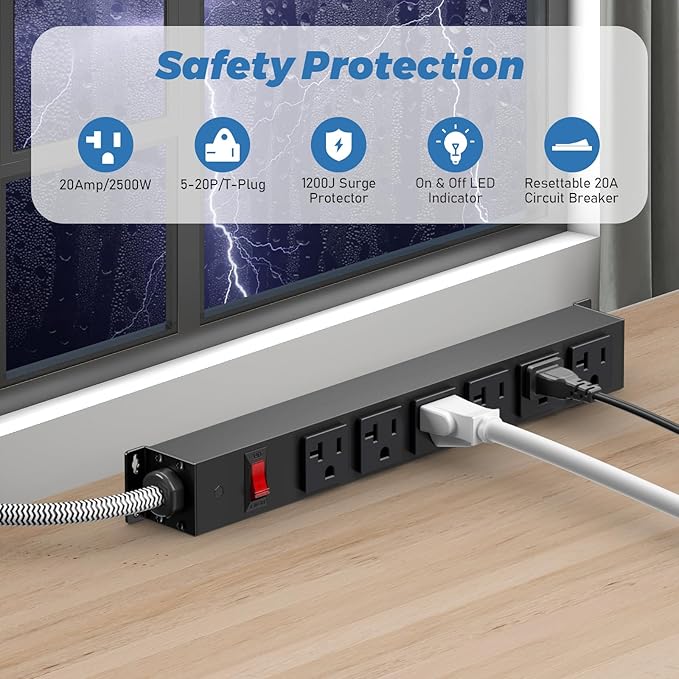 HEZI 20 Amp Power Strip with 5-20P/T- Plug, Heavy Duty High Amp Metal Surge Protector, Mountable Industrial Power Strip with 6AC Outlets(5-20R) and Circuit Breaker, 6FT 12AWG Extension Cord