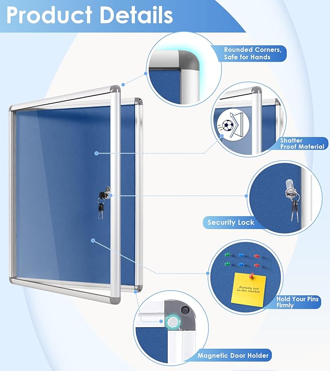 SWANCROWN Lockable Notice Board Tamperproof Enclosed Display Board for Home Office School,Wall-Mounted,Blue Fabric,26x20inch(4xA4)
