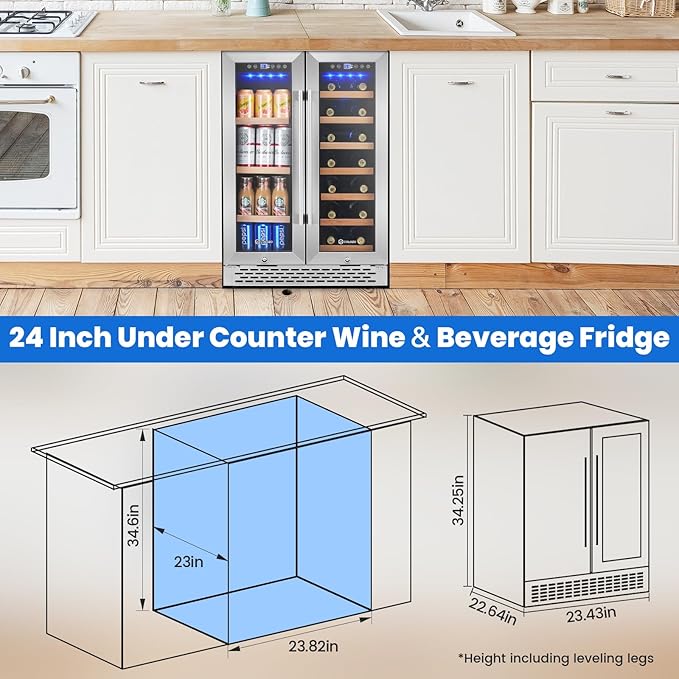 Wine and Beverage Refrigerator, 24 Inch Dual Zone Wine Cooler Refrigerator with Glass Door&Lock Quiet Compressor, Freestanding/Under Counter Beverage Fridge Holds 20 Bottles & 88 Cans for Office/Home