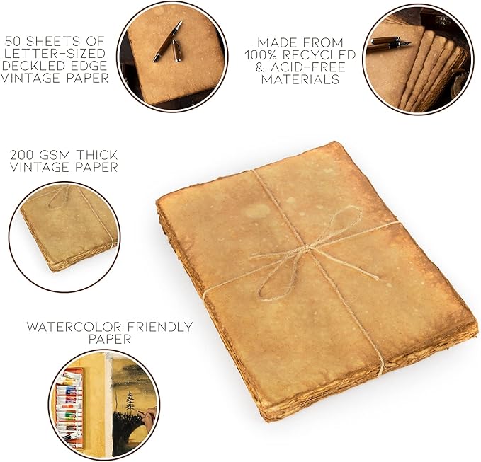 Watercolor Paper | Letter Sized Vintage Paper 8.5 x 11 Inches | 200 GSM Handmade Paper | 50 Sheets of Recycled Cotton Papers, Perfect for Any Medium, Blank Water Color Papers, Antique Paper