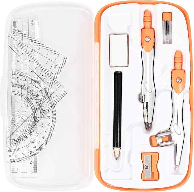 Math Geometry Kit Sets 10 Piece Student Supplies with Shatterproof Storage Box,Includes Rulers,Protractor,Compass,Eraser,Pencil Sharpener,Lead Refills,Pencil,for Drafting(Orange)