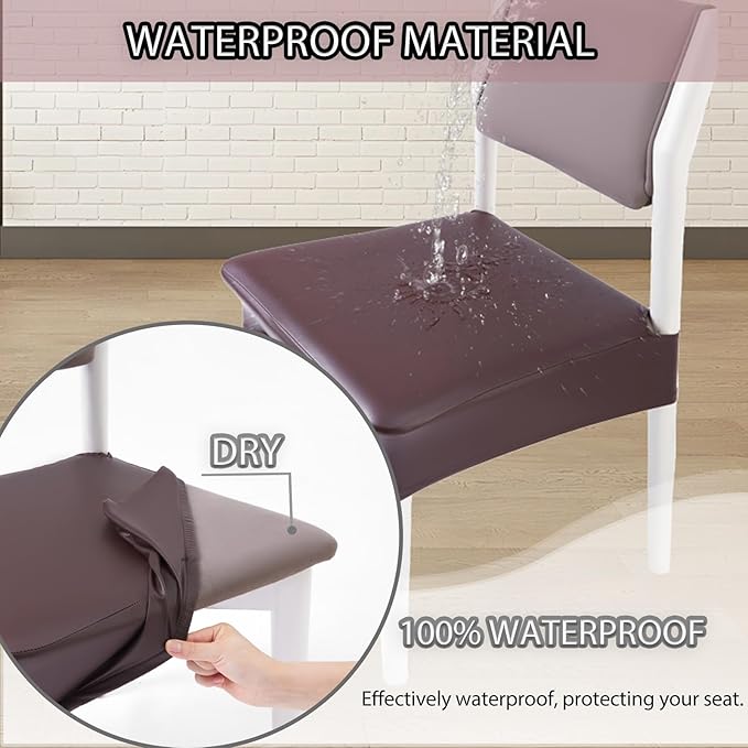 CWK Waterproof PU Leather Dining Chair Covers Set of 2-Stretchable Chair Seat Slipcovers, Removable & Washable Protector for Dining Room,Home,Office,Wedding,Rear Covers (PU-Coffee)