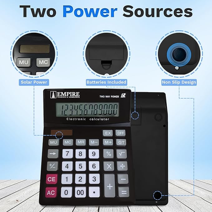 Empire Desk Calculator with Large Key Buttons, 12 Digits, Large Eye-Angled Display, Solar and Battery Powered for Home and Office (Battery Included)