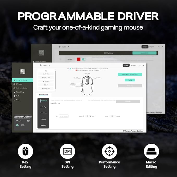 EPOMAKER Click Lite Wireless Gaming Mouse, 800 to 12,000 DPI Adjustable, PAW3311 Sensor, 500mAh, 59g, 2.4G/BT/USB-C Rechargeable Wireless Mouse with 5 Programmable Buttons for PC/Mac/Linux (White)