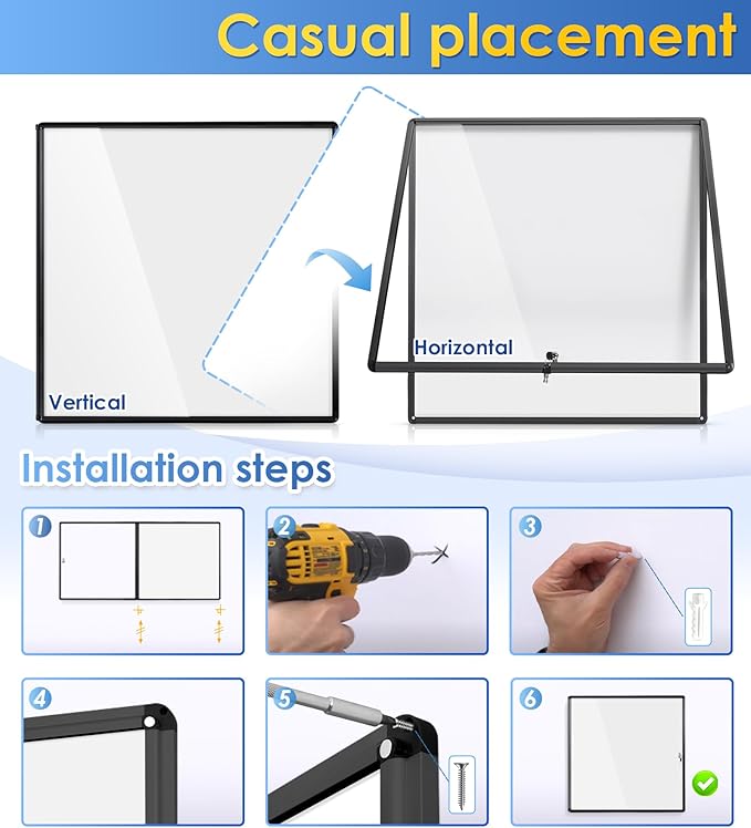 SWANCROWN Enclosed Bulletin Board Black Frame Enclosed Display Case,with Magnets,for School Message Notice, 38x38inch (12xA4)