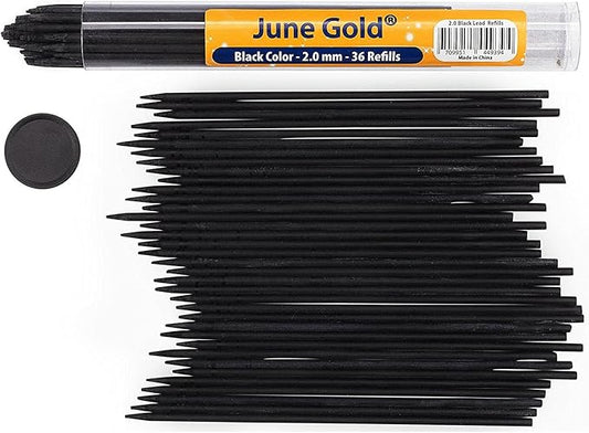 June Gold 36 Black (Raven #108) Colored 2.0 mm (NOT GRAPHITE) Lead Refills, Bold Thickness for Heavy Use, Break Resistant with a Convenient Dispenser
