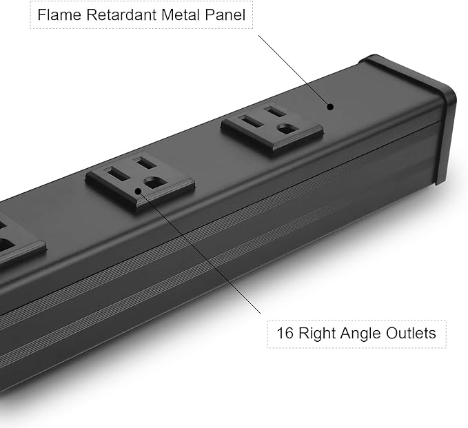 Heavy Duty Power Strip - 16 Outlet Industrial Metal Strip, 6FT Cord, 15A, 125V, 1875W (Black)