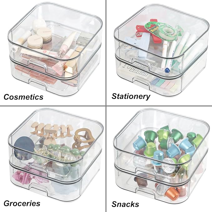 Set of 2 Stackable Storage Drawers - 7.8" Clear Plastic Drawer Storage, Acrylic Makeup Organizer, Desk Counter Cabinet Office Organizer, Bathroom Organizers and Storage (Square/Set of 2)