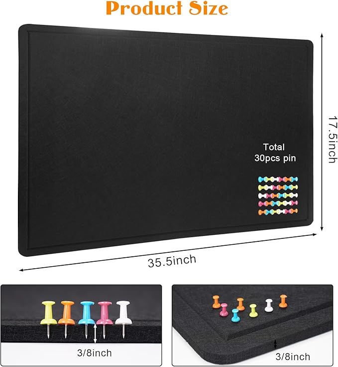 Bulletin Board - 35 x 17.5 inches Decorative Felt Pin Board - Cork Board Alternative for Wall - Foldable Photo Board Self-Adhesive Prayer Board with 20 Pushpins - Black