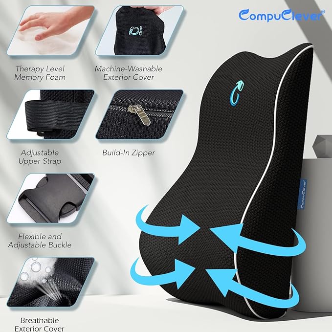 Lumbar Support Pillow for Office Chair & Car, Ergonomic Back Support Memory Foam Back Cushion with 3D Washable Cover, Relieves Back Pain for Driving, Gaming, Truck, Recliner