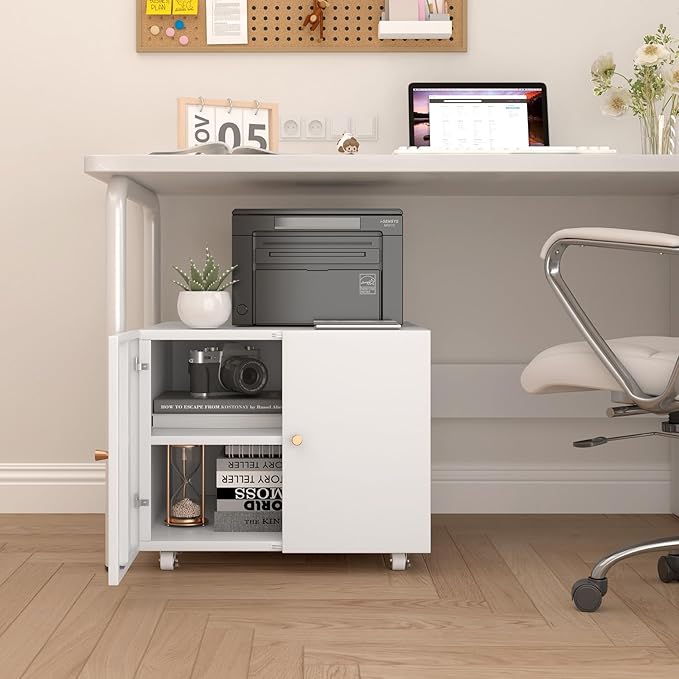 Under Desk Printer Stand with Wheels, Low Printer Stand Storage, Filing Cabinet with Paper Storage Shelf, File Carts with 2 Doors, Mobile Printer Holder for Home Office, School, White