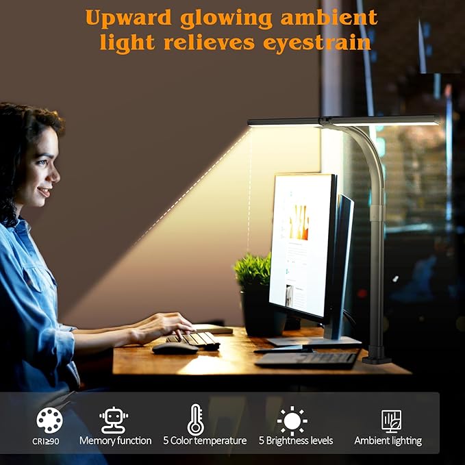 Led Desk Lamp for Home Office,24W Bright Eye-Caring Desk Light with Clamp,5 brightness and 5 temperatures Dimmable Workbench Task Light, Adjustable Gooseneck Table Lamp for Monitor Study(black)