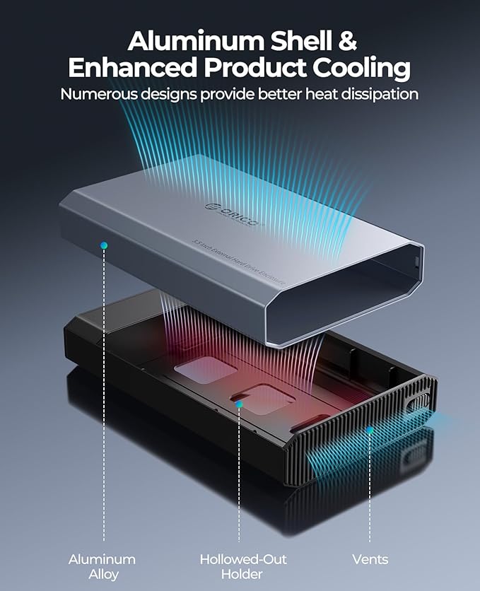 ORICO Aluminum 3.5 Hard Drive Enclosure with USB 3.2 Gen 2 6Gbps Transfer Speed, Fit for 3.5/2.5 Inch SATA HDD SSD Up to 20TB, USB C to USB C/A 2 in 1 Cable Compatible with MacBook Windows(DD35-C3)