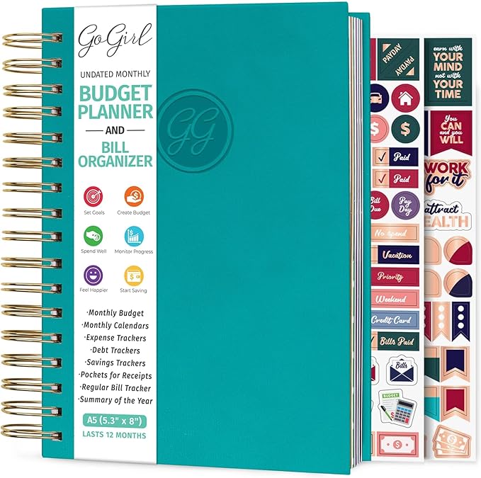 GoGirl Budget Planner & Monthly Bill Organizer – Monthly Financial Book with Pockets. Expense Tracker Notebook Journal, Compact (Turquoise)