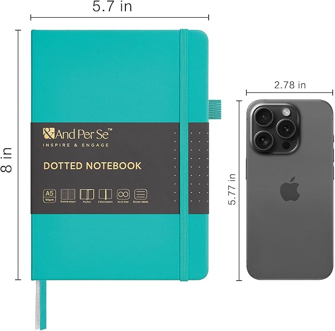 &And Per Se Dotted Journal Notebook, A5 Hardcover Leather Bullet Dotted Journal, 160 Pages 100 gsm Thick Dotted Paper,3 Sheets of Stickers Included - 5.7'' x 8'' (Turquoise)