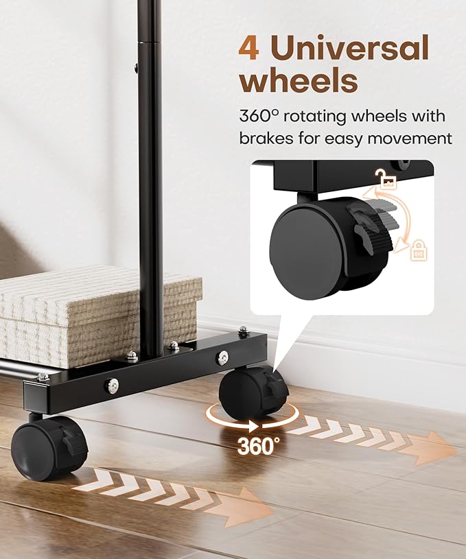 Homde Heavy Duty Clothes Rack: 120lb Standing Garment Storage for Indoor - Rolling Hanging Rod for Bedroom Laundry Room - Coat Dress Organizer on Wheels with luggage shelf (Black,32")