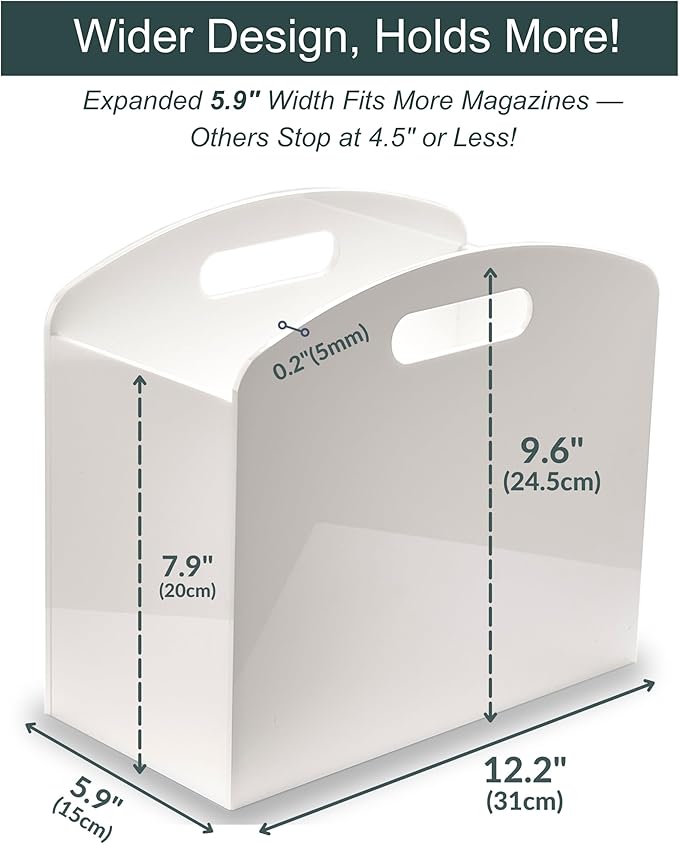 White Magazine Holder - Acrylic Magazine Rack Floor, Newspaper Stand with handles, Modern Lucite Magazine and Book Basket Box for Bathroom, Bedroom, Living Room