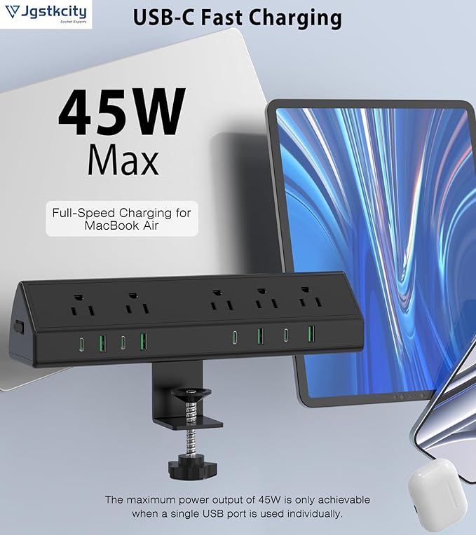 45W Fast Charging Station,Desk Clamp Power Strip,4 PD USB-C Ports,5 AC Outlets,Surge Protector Power Strip, 14AWG Heavy Duty Cord, Fits 1.9" Tabletop Edge (Black, 20 FT Cable)