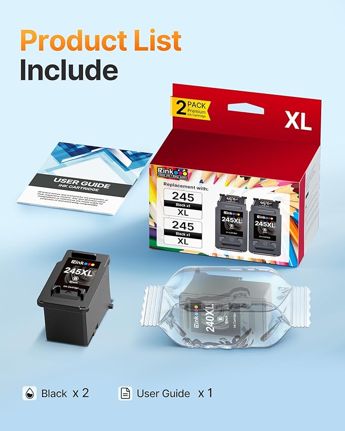 E-Z Ink 245XL Ink Cartridge Replacement for Canon 245XL Black Ink 245 XL PG-245XL PG245XL Works with Pixma MX490 MG2522 TR4520 MG2525 TS3122 TS3322 TS202 MG2520 MG2922 MG3022 (2 Black)