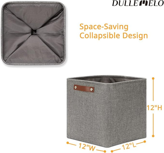 DULLEMELO 12 inch Cube Storage Bins, Large Collapsible Grey Storage Baskets for Square Cubes Organizing, Fabric Boxes Bins for Shelves Nursery Home Office Storage(4 Pack - 12" Grey)