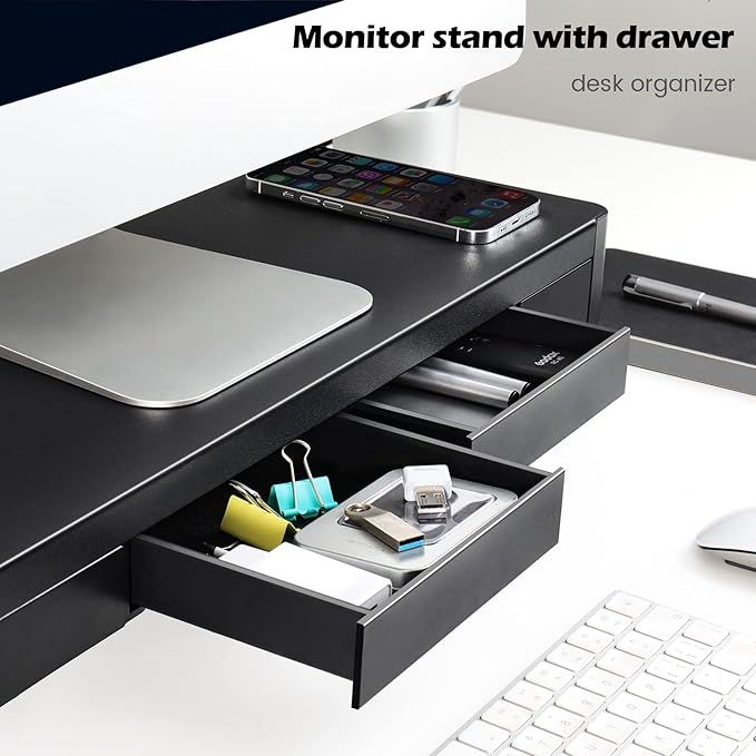 meatanty 2 in 1 Monitor Stand Riser with 2 Storage Drawers and 4 USB Ports, Metal Computer Monitor Stand Supports Transfer Data and Charging, Desk Organizer for PC,Laptop,iMac (21 inches)