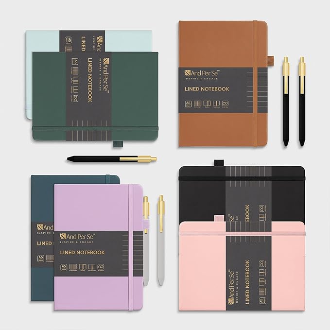 A5 Lined Leather Journal and Pen Set, Hardcover Notebook with Pen, 160 Pages 100gsm Thick Ruled Paper for Men Women, for Work, Business, School or Home Writing, 5.7'' x 8'' (Purple-Set1)