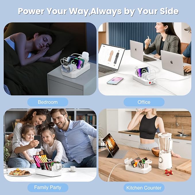 190W Fast Charging Station for Multiple DevicesใCertified Safer Chargingใ 6 Port USB Charger Station - Family Multi-Device Organizer Charging Dock Compatible with iPhone/Android/MacBook/iPad/Tablet