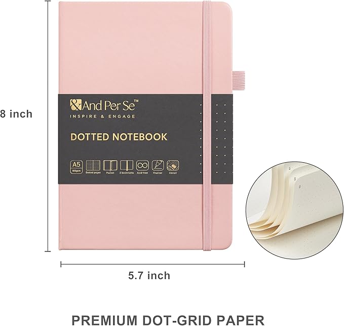 &And Per Se Dotted Journal Notebook Set, A5 Hardcover Dotted Journal (Pink), 6 Fineliner Pens, 8 Sticker, 5 Stencil Sheets & 6 Washi Tapes, Journaling Supplies for Planner Schedule