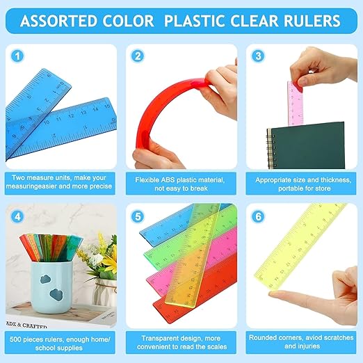 Zonon 200 Pcs Rulers Bulk Plastic Flexible Straight Rulers with Inches and Centimeters for First Day of School Gift for Students Back to School Office Supplies (Transparent Bright Color,6 Inch)