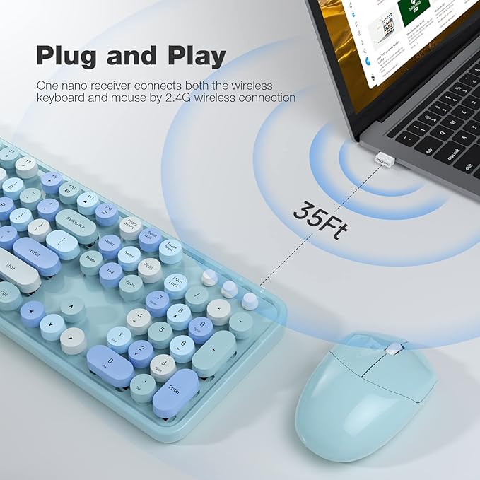 Wireless Keyboard and Mouse Combo, 104 Keys Full-Sized Typewriter Keyboards, 2.4 GHz USB Receiver Plug and Play, for Windows, PC, Laptop, Desktop (Blue Colorful)