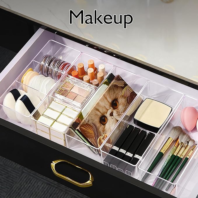 Stackable Acrylic Drawer Organizer Set, 11 PCS Multi-Size Storage Bins for Makeup, Office Desk, Bathroom, Vanity and Kitchen Utensils