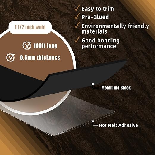 GSCIT Club Black Edge Banding, 1 1/2 Inch x 100ft Melamine With Hot Melt Adhesive Preglued Cabinet Flexible Black Veneer Edging
