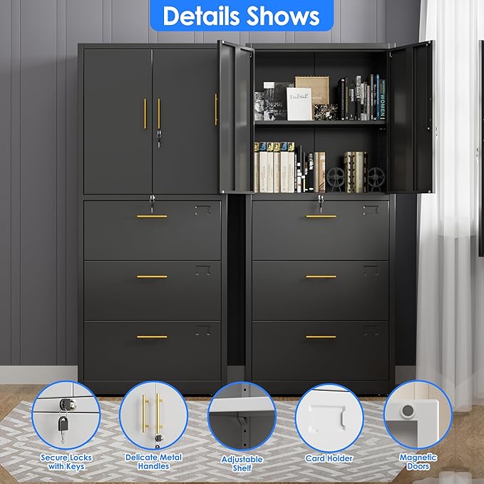 3 Drawer Lateral File Cabinet with Lock, Metal Filing Storage Cabinet with Locking Doors and Adjustable Shelf for Home, Office, School, Fits A4/Letter/Legal Size Folders, Assembly Required