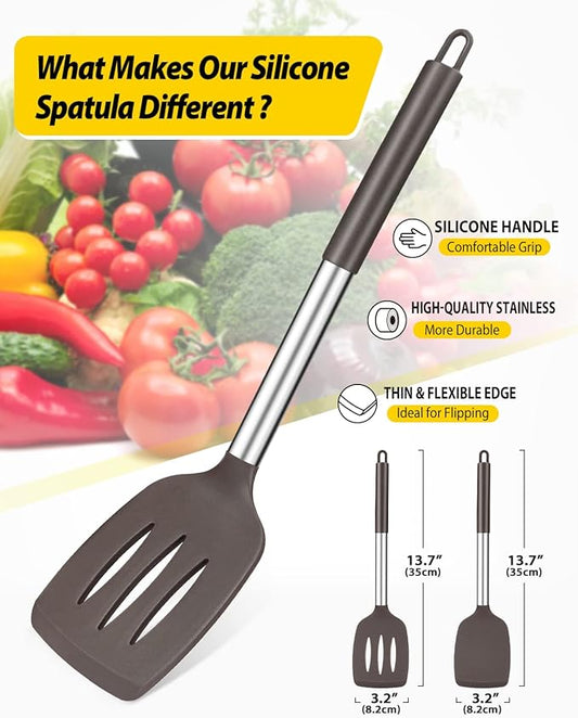 Pack of 2 Silicone Solid Turner, Non Stick Slotted Kitchen Spatulas, High Heat Resistant BPA Free Cooking Utensils, Ideal Cookware for Fish, Eggs, Pancakes(Chocolate)