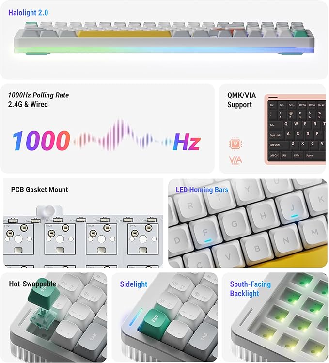 nuphy Halo96 V2 Wireless Mechanical Gaming Keyboard, Gasket Structure, 96% Hot Swappable, 99 Keys RGB Backlit, Bluetooth/USB-C/2.4GHz, Raspberry Switches (46gf), Green