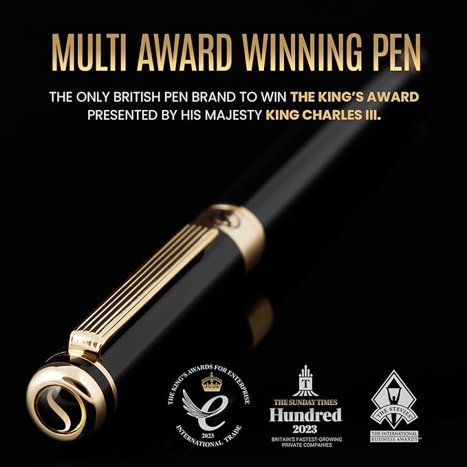 Scriveiner Black Lacquer Rollerball Pen - Stunning Luxury Pen, Real Gold Plating, Schmidt Ink Refill, Best Roller Ball Gift Set for Men & Women, Professional, Executive Office, Nice Pens