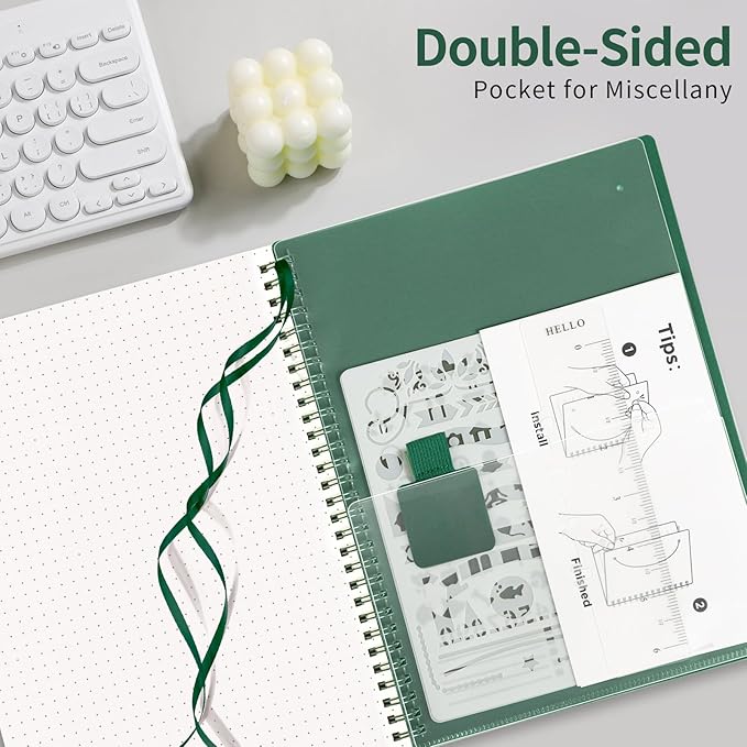 AHGXG Bullet Dotted Journal - Dot Grid Spiral Notebook B5, 140 Pages, 100 GSM Thick Paper, Waterproof Plastic Cover Journals for Bullet Journaling, Sketching, 7.6" x 10", Green