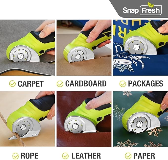 SnapFresh Cordless Electric Scissors, 4V Electric Mini Box Cutter, Carpet & Cardboard Cutter Tool with a Replacement Blade/Charger, Rotary Cutter for Cardboard Packages Leather Plastic (Green)