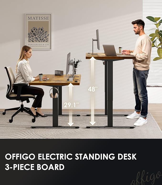 OffiGo Electric Standing Desk with 3-Piece Board, 79 Inch Height Adjustable Large Desk with Power Outlets, Sit Stand Table, Writing Computer Desk for Home, Office, Workstation, Rustic Brown